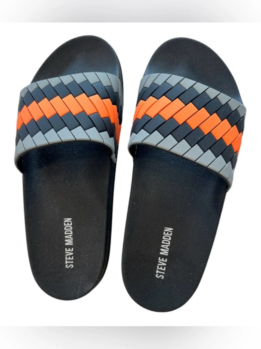 Steve Madden Black Slides with Orange and Gray Woven Strap NWOT